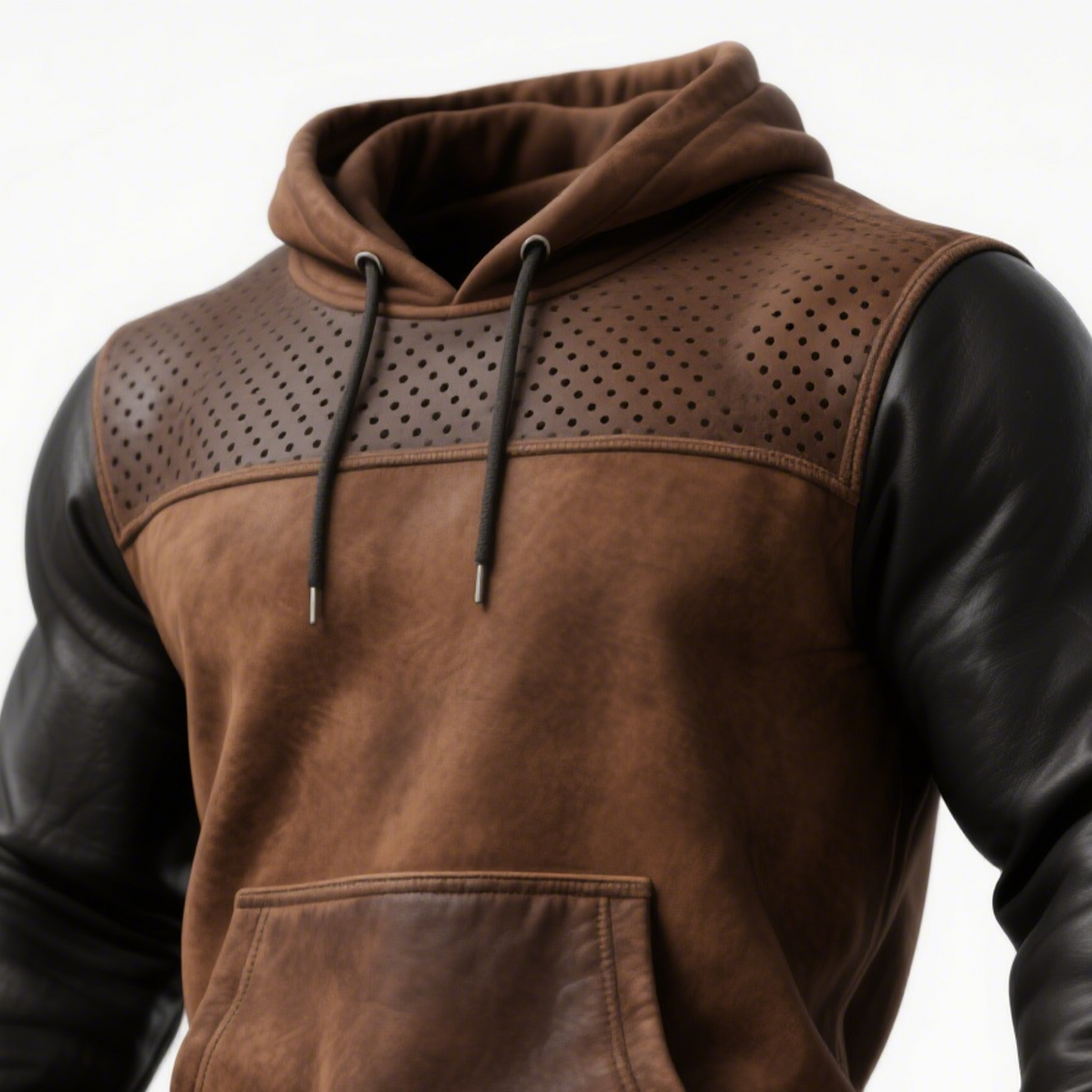 Sudadera con Capucha de Cuero Marrón y Detalles Perforados
