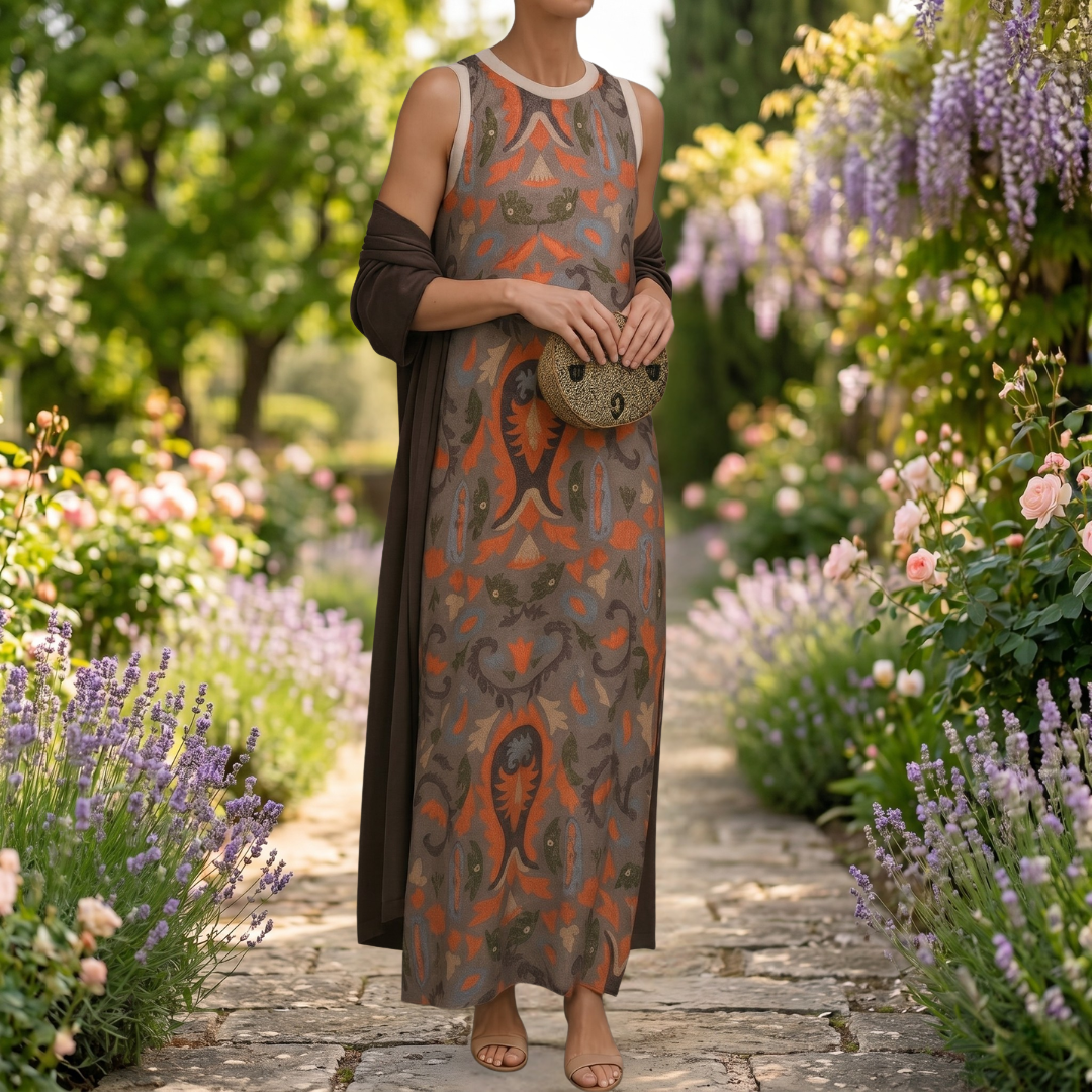 Aura Étnica | Vestido largo estampado con chaleco coordinado
