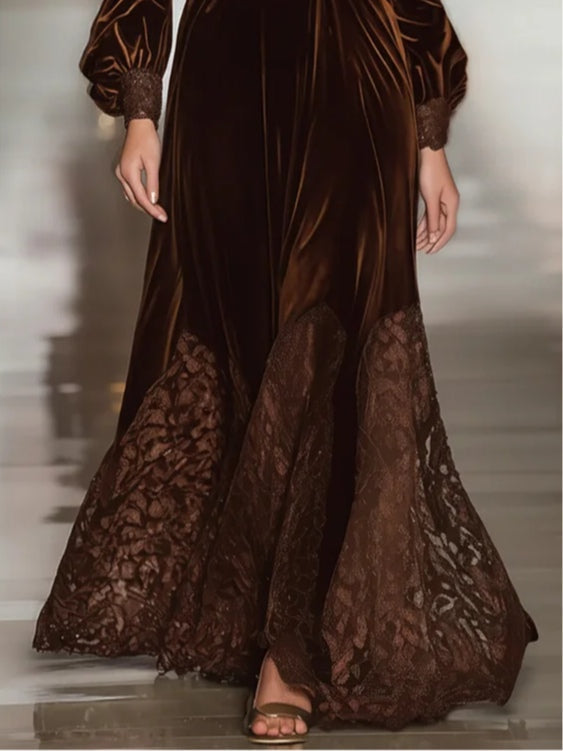 Bianca | Vestidos maxi de terciopelo con cuello alto y mangas abullonadas de encaje patchwork