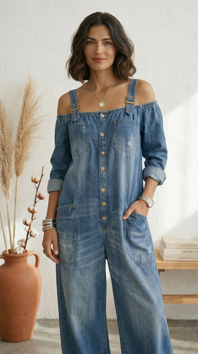 Serrano Madrid.™ | Ruth Mono Azul Off Shoulder Pernera Ancha