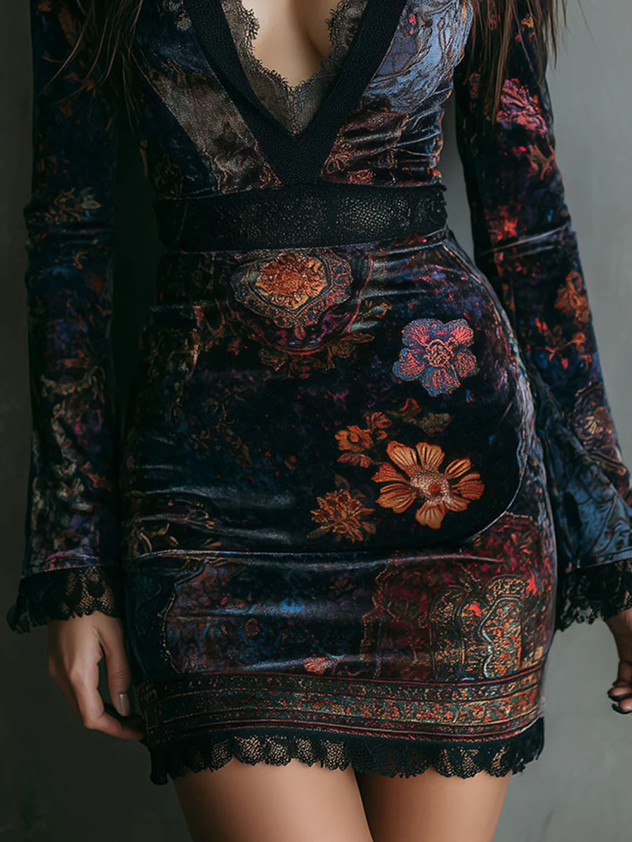Grazia™ - Vestido Mini de Terciopelo con Estampado Floral y Encaje
