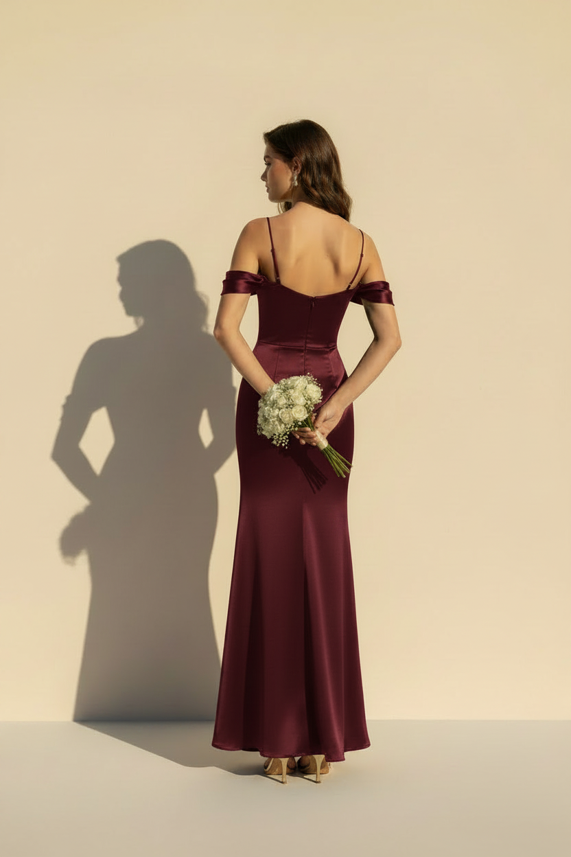 Serrano Madrid | Vestido Maxi Satinado Efecto Silueta Burdeos