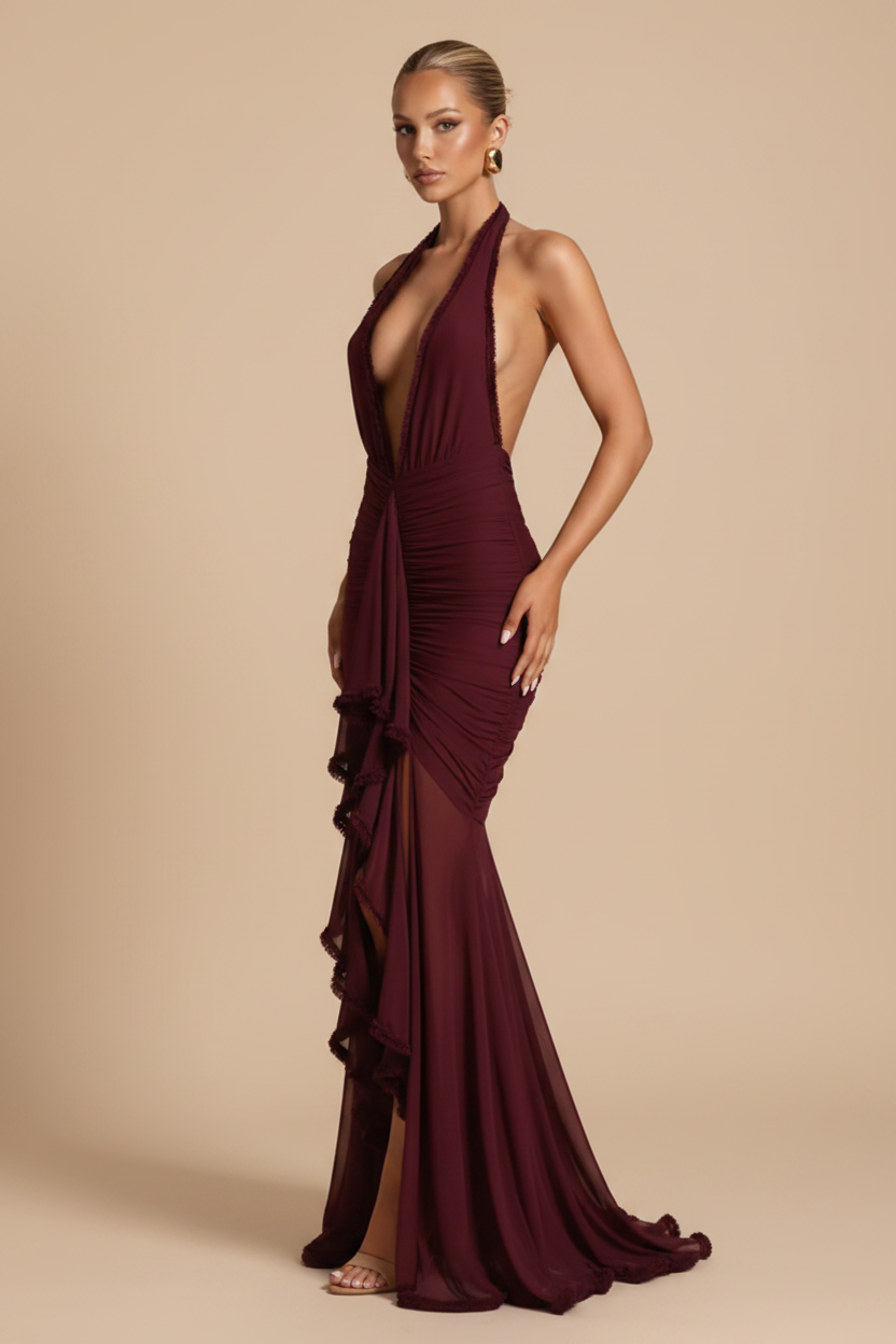 Serrano Madrid | Vestido Maxi Escote Profundo con Abertura Fluida Burdeos