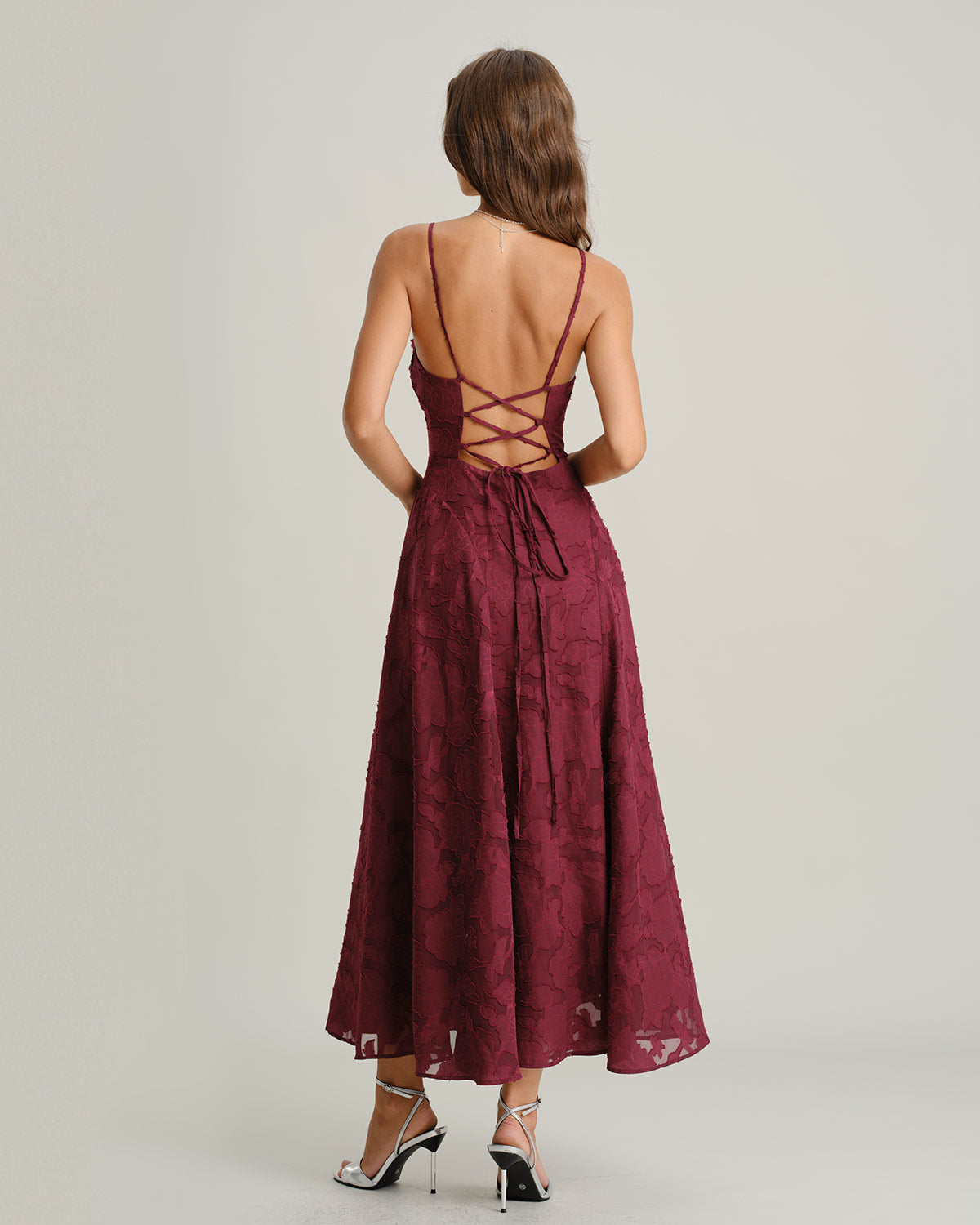 Isabella | Vestido largo liso de jacquard rojo vino