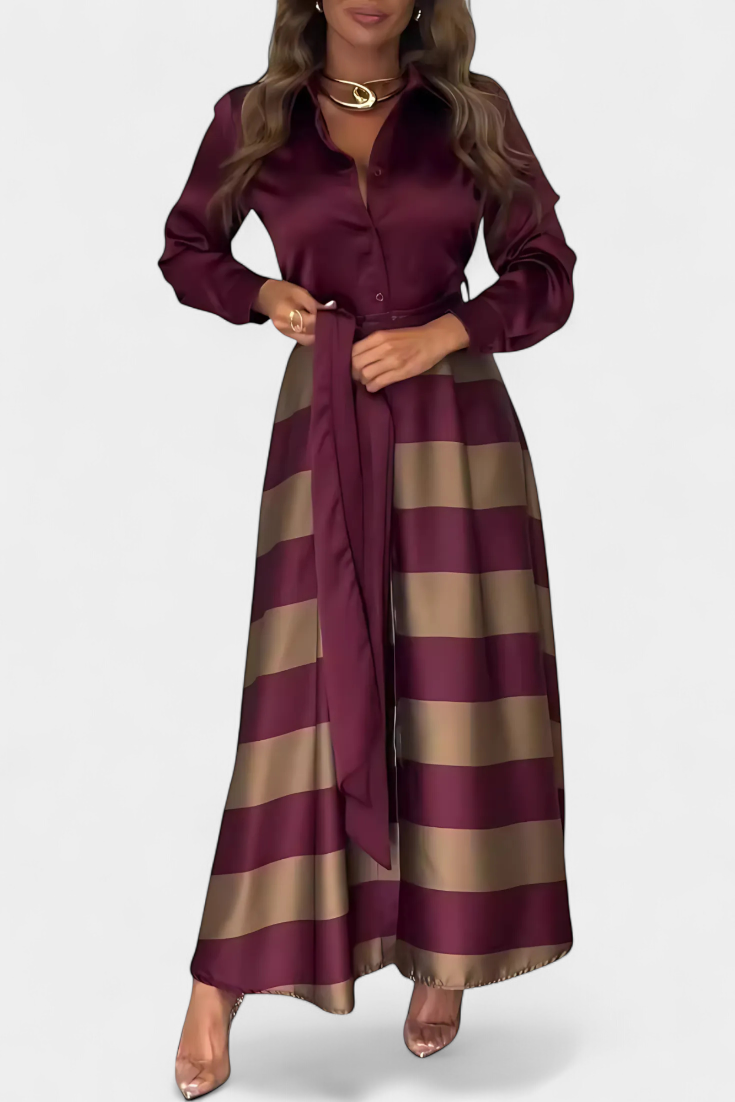Nessia Vestido Camisero Largo a Rayas con Cinturón