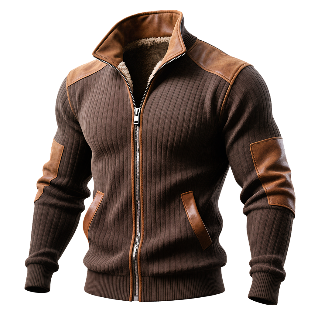 Chaqueta Marrón de Canalé con Cremallera y Acentos de Cuero
