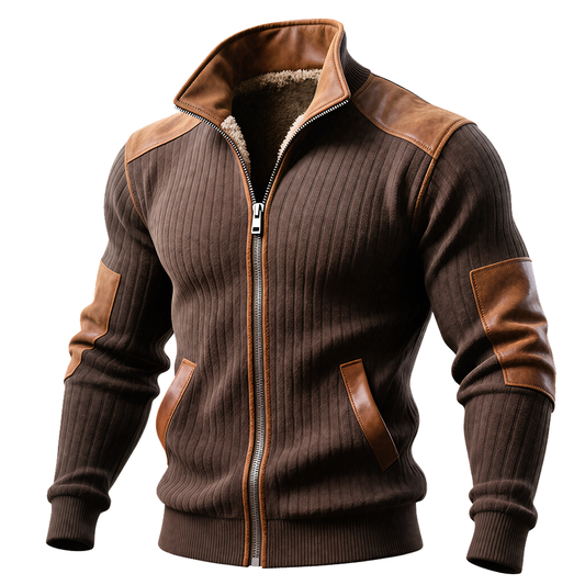Chaqueta Marrón de Canalé con Cremallera y Acentos de Cuero
