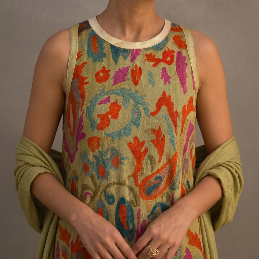 Aura Étnica | Vestido largo estampado con chaleco coordinado