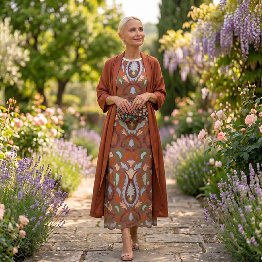 Aura Étnica | Vestido largo estampado con chaleco coordinado
