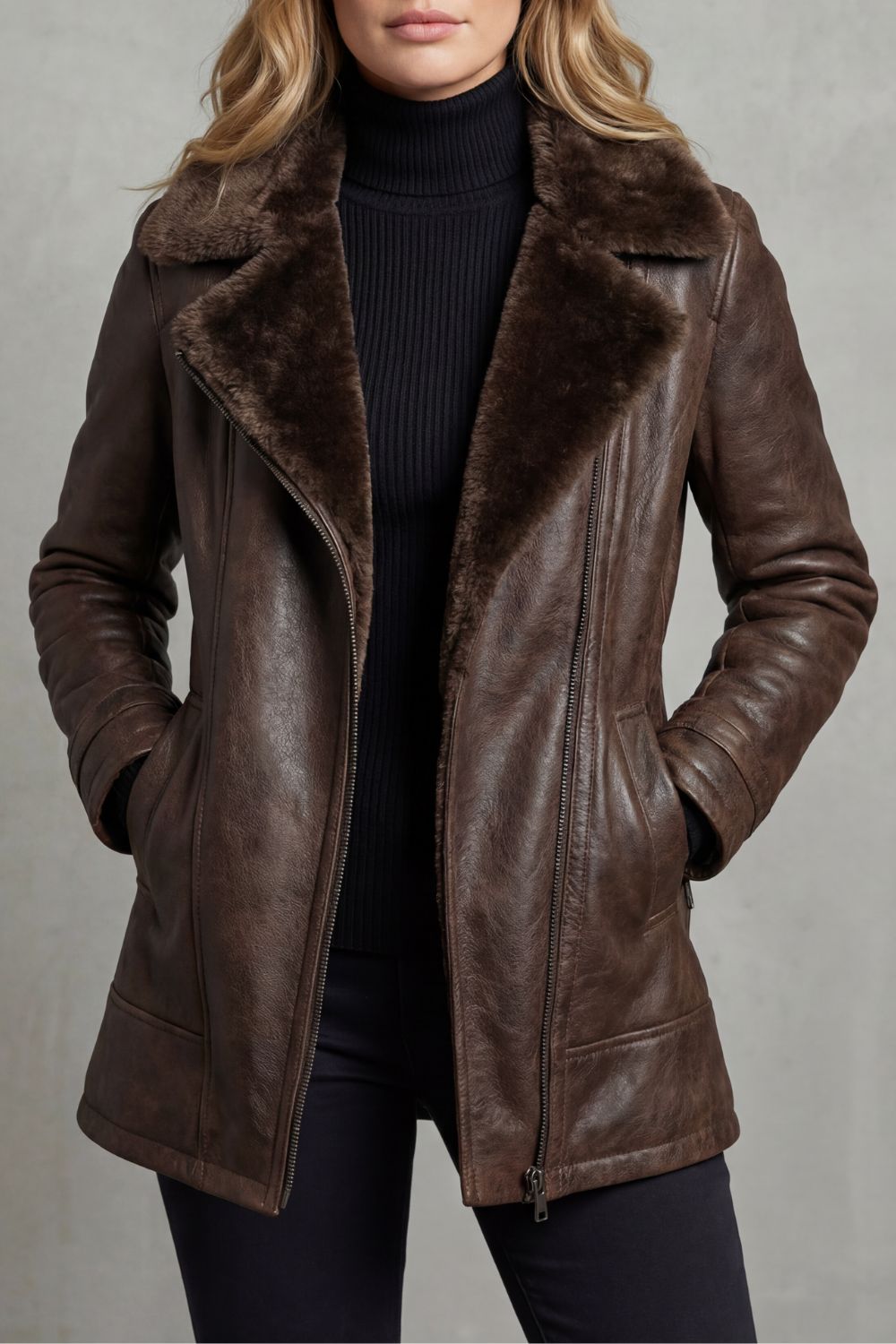 Raquel – Elegancia con forro de borrego – Chaqueta de cuero