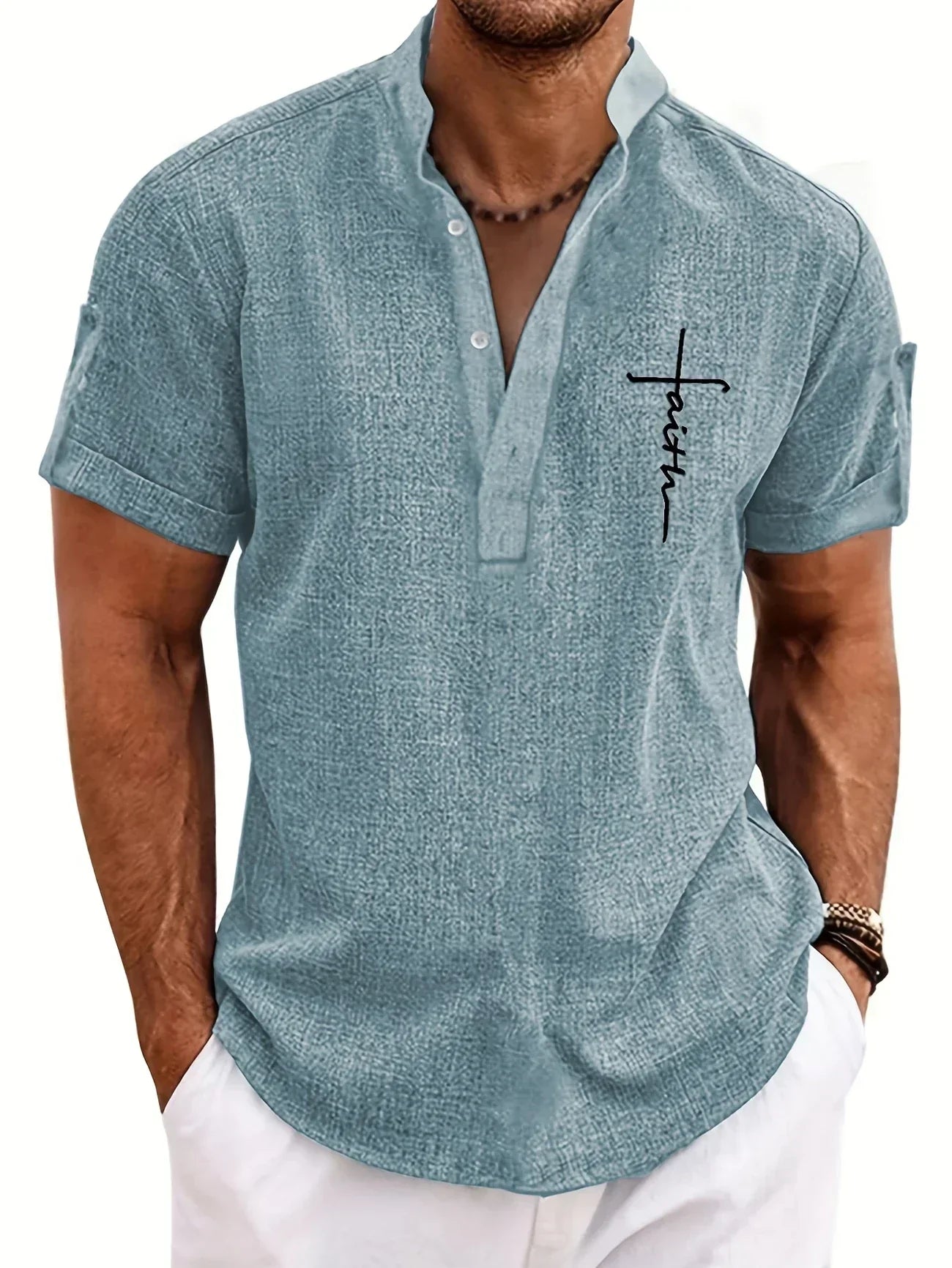 Francisco - Camisa Elegante de Manga Corta con Cuello Alto
