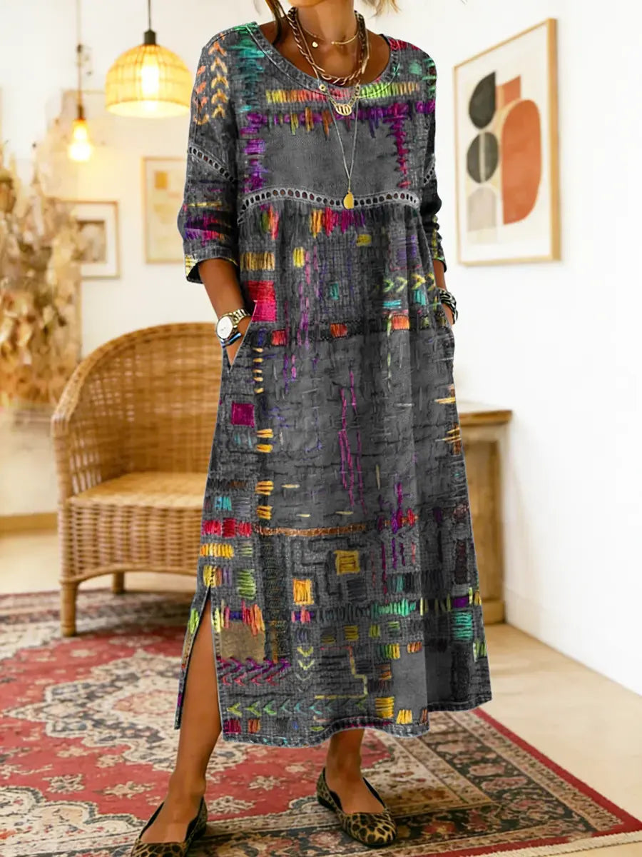 Manuela vestido Denim con patchwork étnico