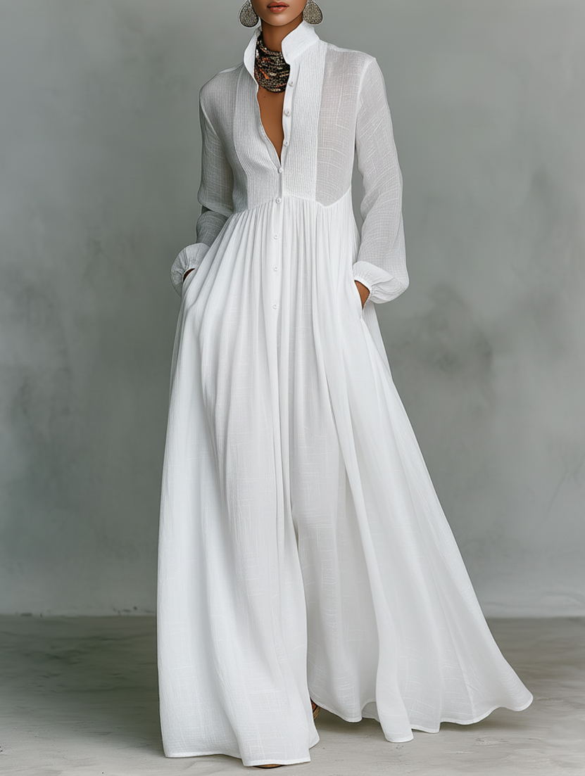 Antonia - Vestido maxi minimalista de algodón y lino con cuello alto y mangas largas
