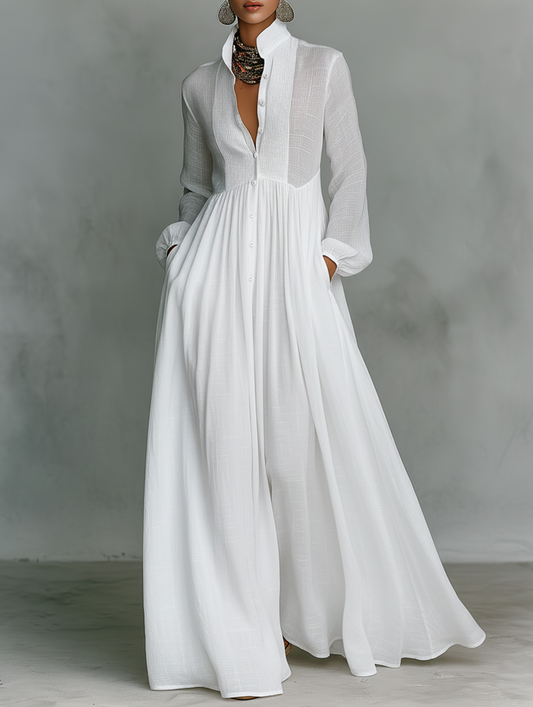 Antonia - Vestido maxi minimalista de algodón y lino con cuello alto y mangas largas