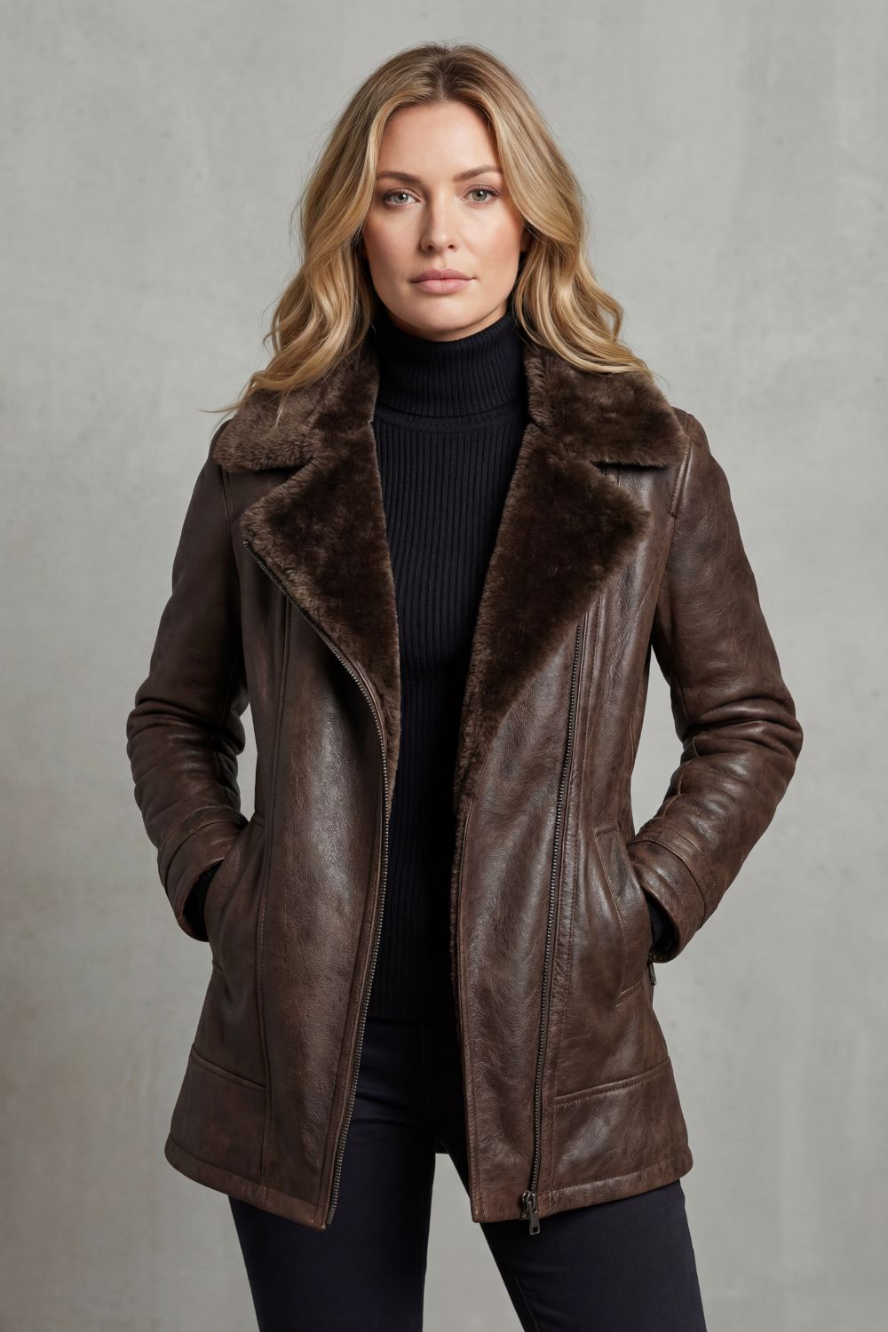 Raquel – Elegancia con forro de borrego – Chaqueta de cuero