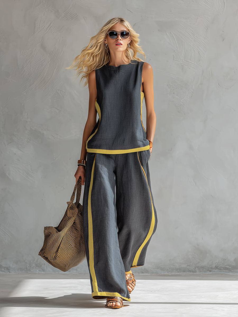 Leila – Conjunto de chaleco y pantalones gris bicolor