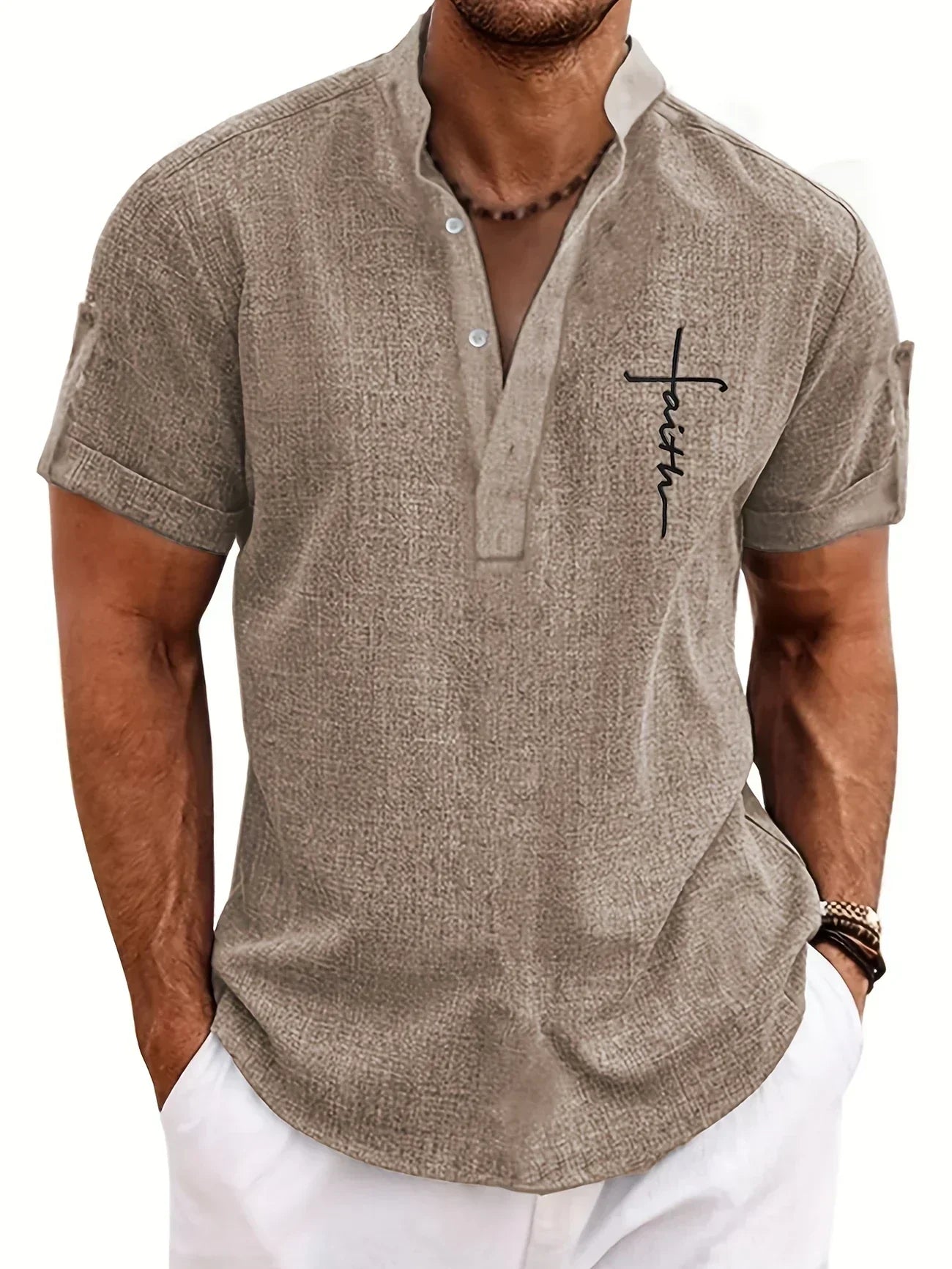 Francisco - Camisa Elegante de Manga Corta con Cuello Alto
