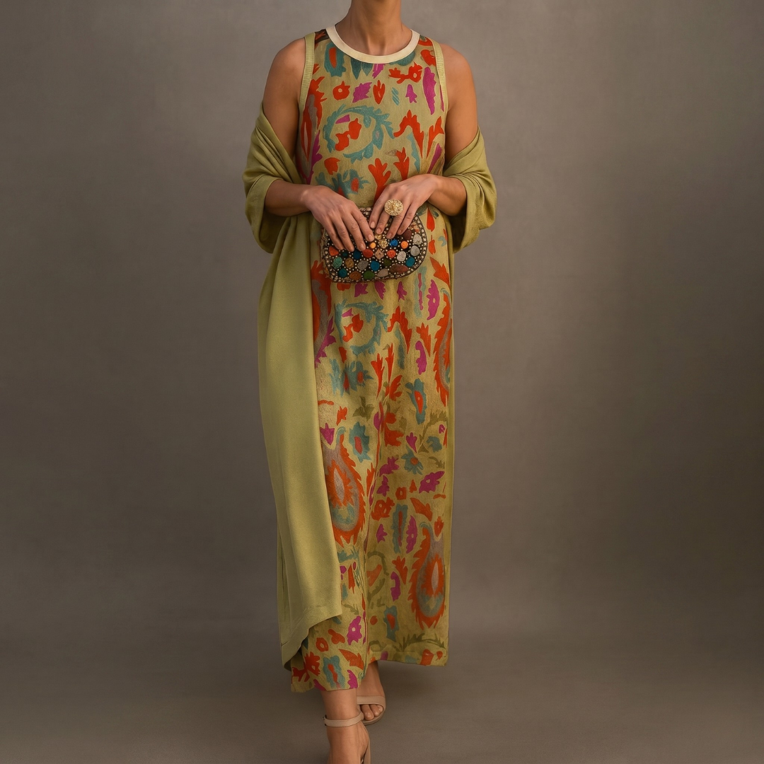 Aura Étnica | Vestido largo estampado con chaleco coordinado
