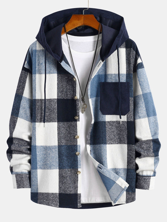 Camisa con capucha de franela a cuadros de corte relajado y corduroy