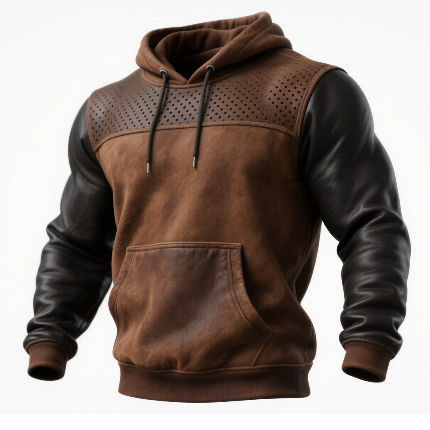 Sudadera con Capucha de Cuero Marrón y Detalles Perforados
