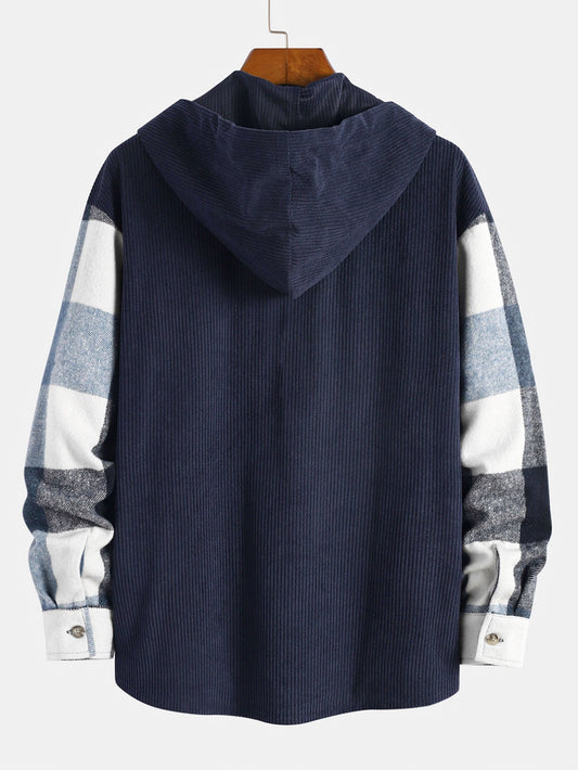 Camisa con capucha de franela a cuadros de corte relajado y corduroy