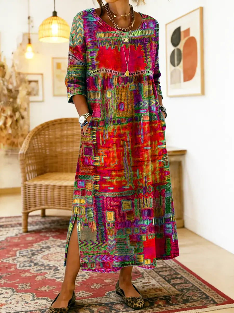 Manuela vestido Denim con patchwork étnico