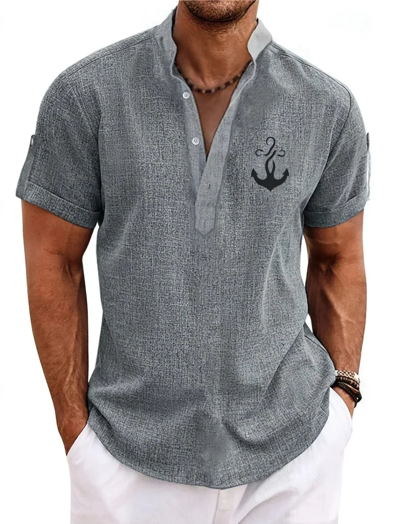 Francisco - Camisa Elegante de Manga Corta con Cuello Alto
