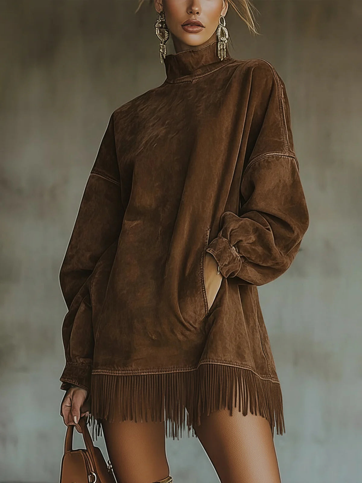 Marta - Vestido de ante con cuello alto y flecos