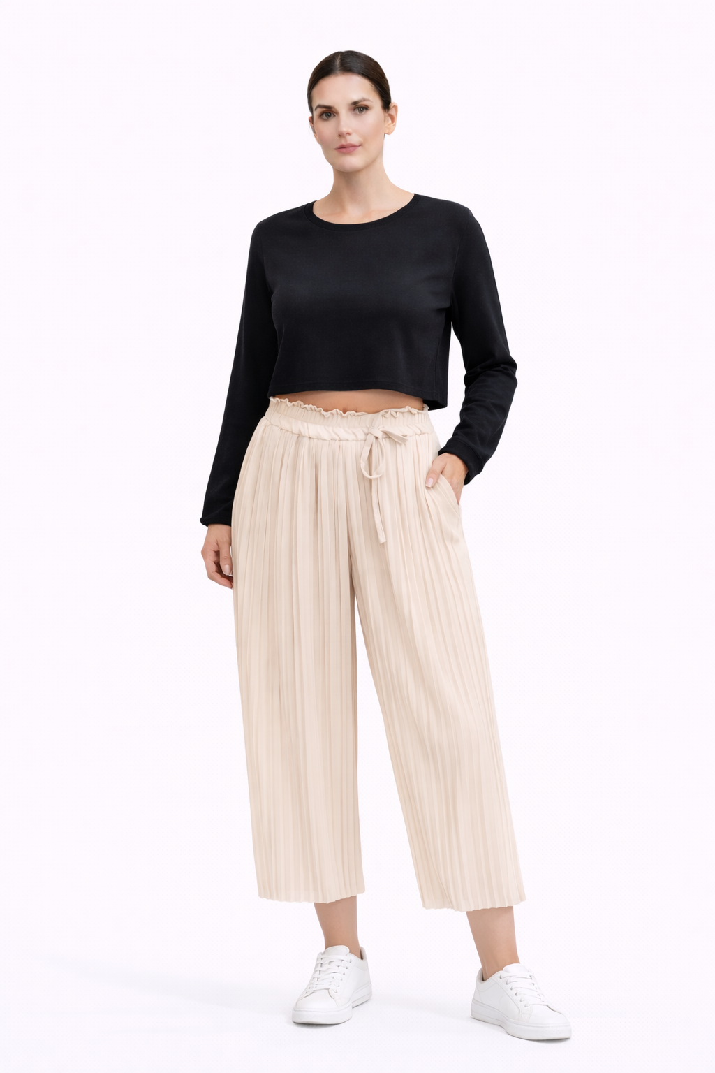 Mía | Pantalón beige de corte plisado