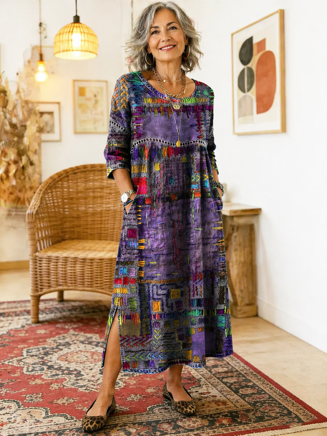 Manuela vestido Denim con patchwork étnico