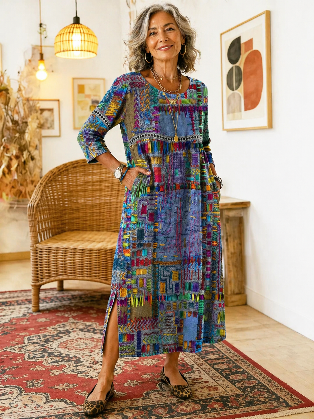 Manuela vestido Denim con patchwork étnico
