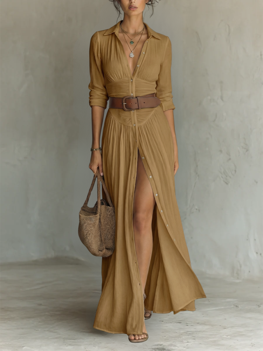 Amelia | Vestido largo plisado de lino — Cinturón de cuero incluido