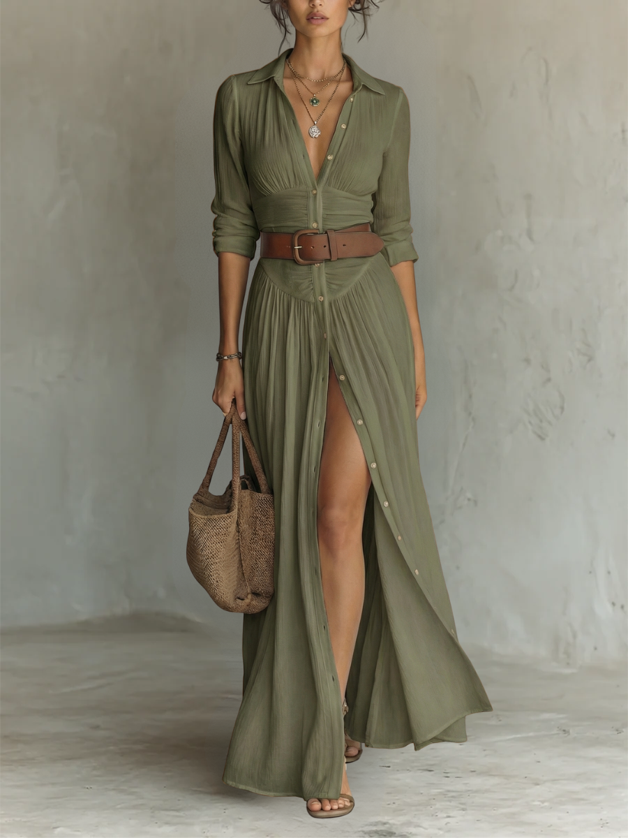 Amelia | Vestido largo plisado de lino — Cinturón de cuero incluido