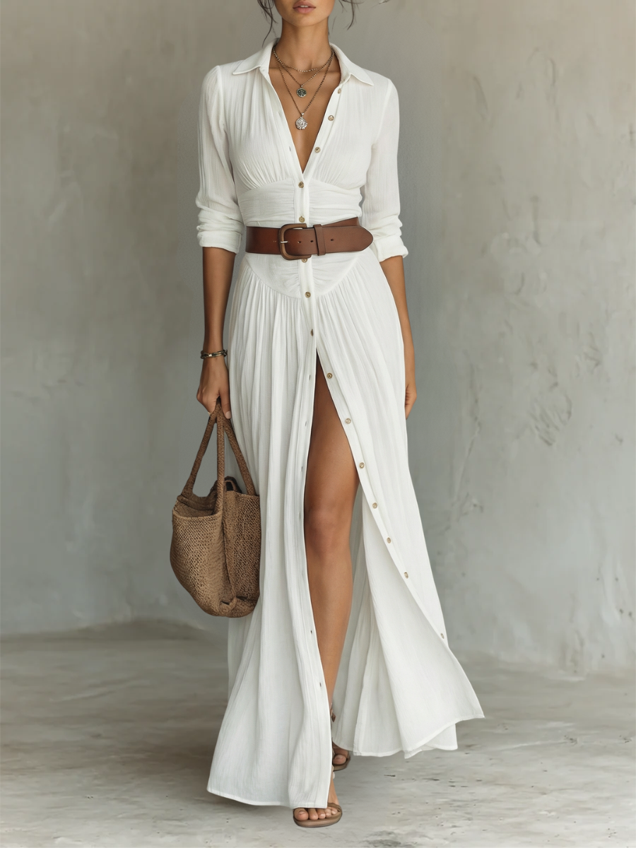Amelia | Vestido largo plisado de lino — Cinturón de cuero incluido