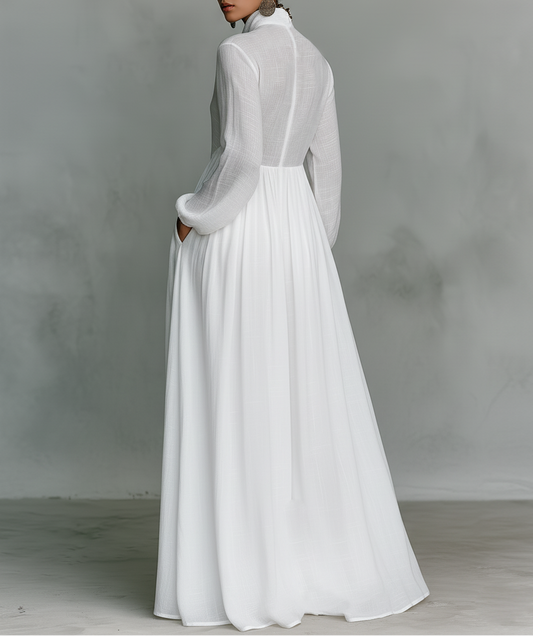 Antonia - Vestido maxi minimalista de algodón y lino con cuello alto y mangas largas