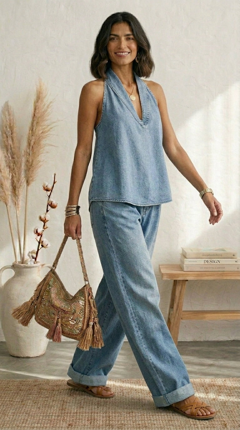 Serrano Madrid™ | Ariadna Conjunto Azul Verano Pernera Fluida