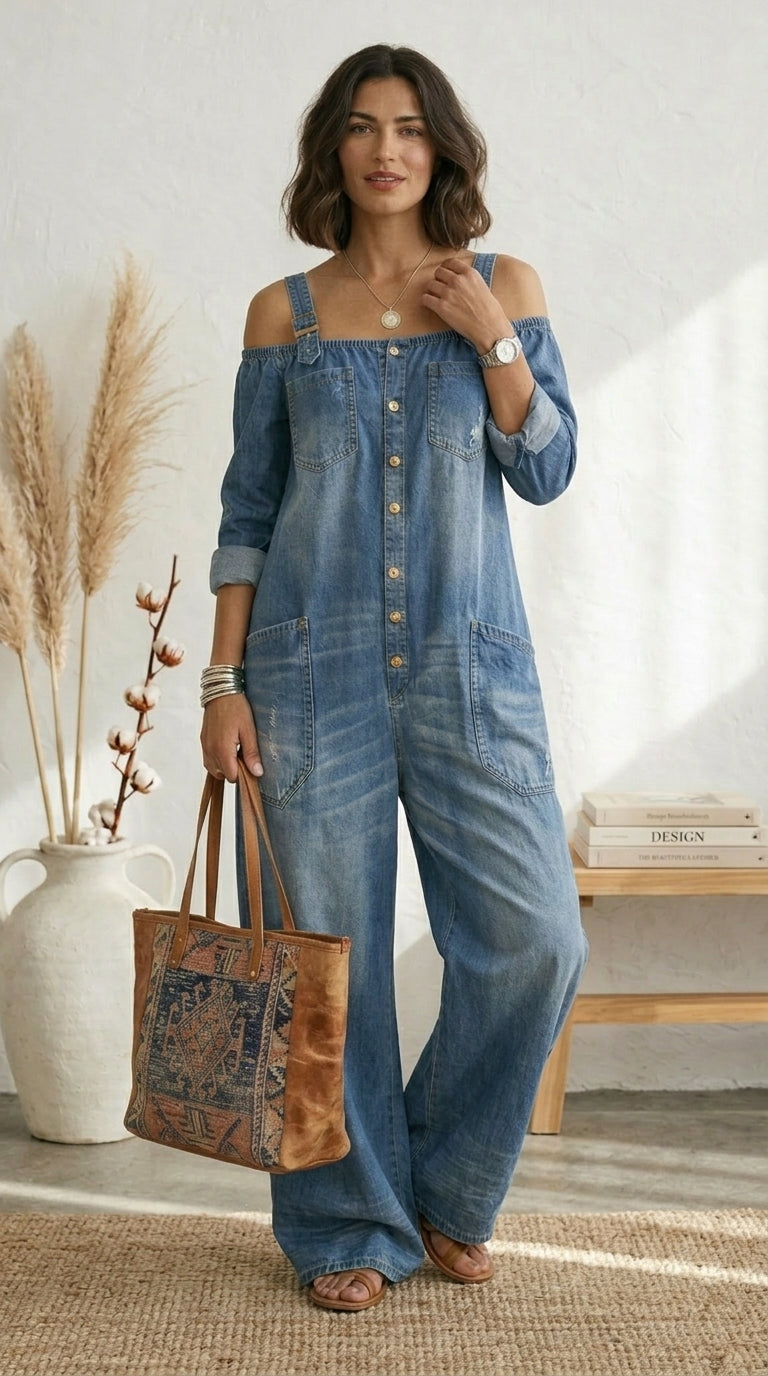 Serrano Madrid.™ | Ruth  Mono Azul Off Shoulder Pernera Ancha