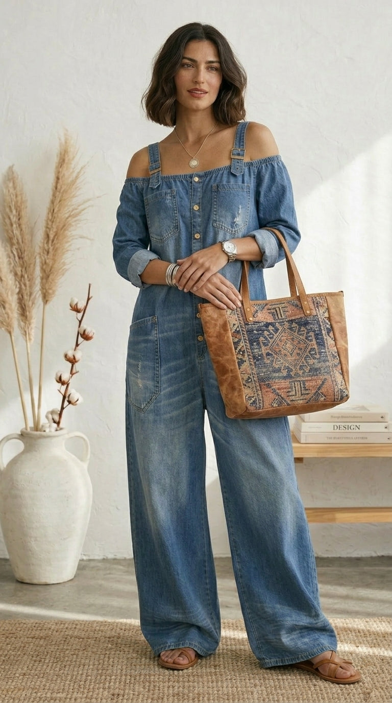 Serrano Madrid.™ | Ruth  Mono Azul Off Shoulder Pernera Ancha