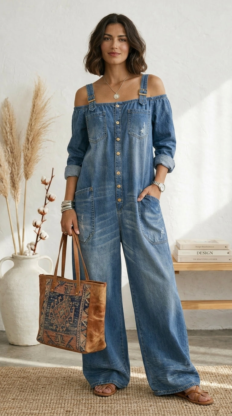 Serrano Madrid.™ | Ruth  Mono Azul Off Shoulder Pernera Ancha
