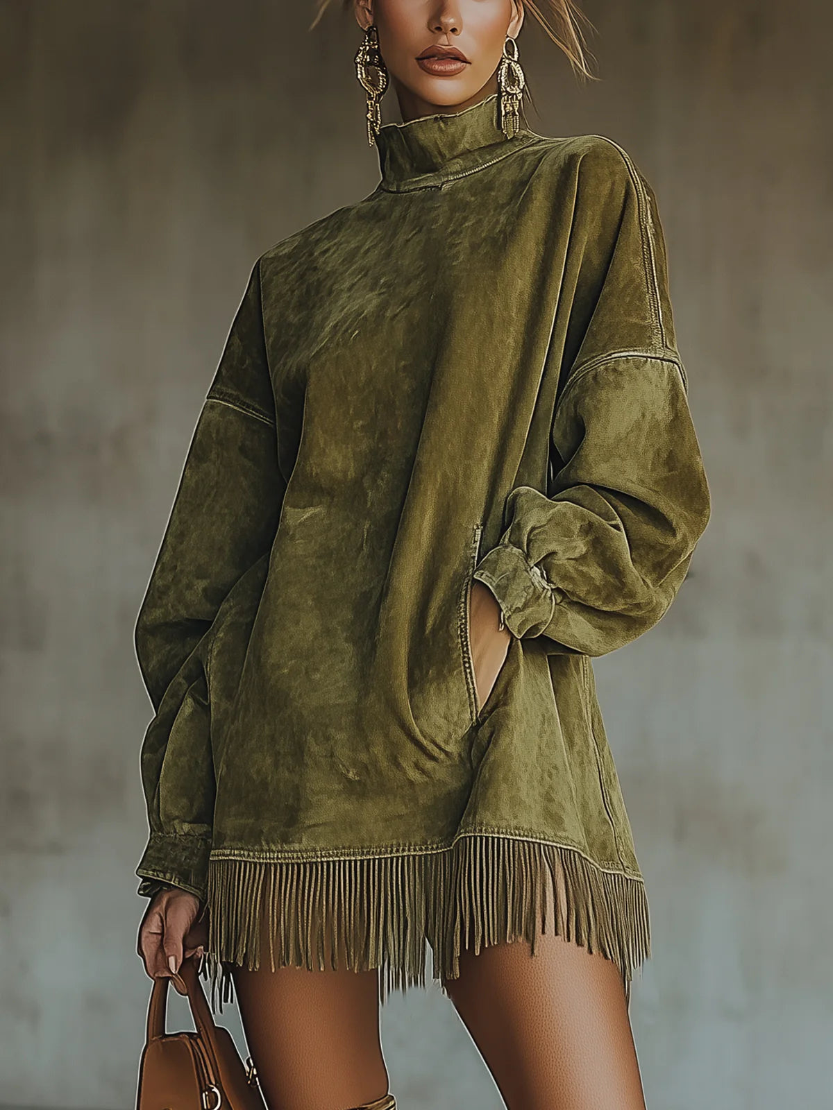 Ani | Vestido de ante con cuello alto y flecos