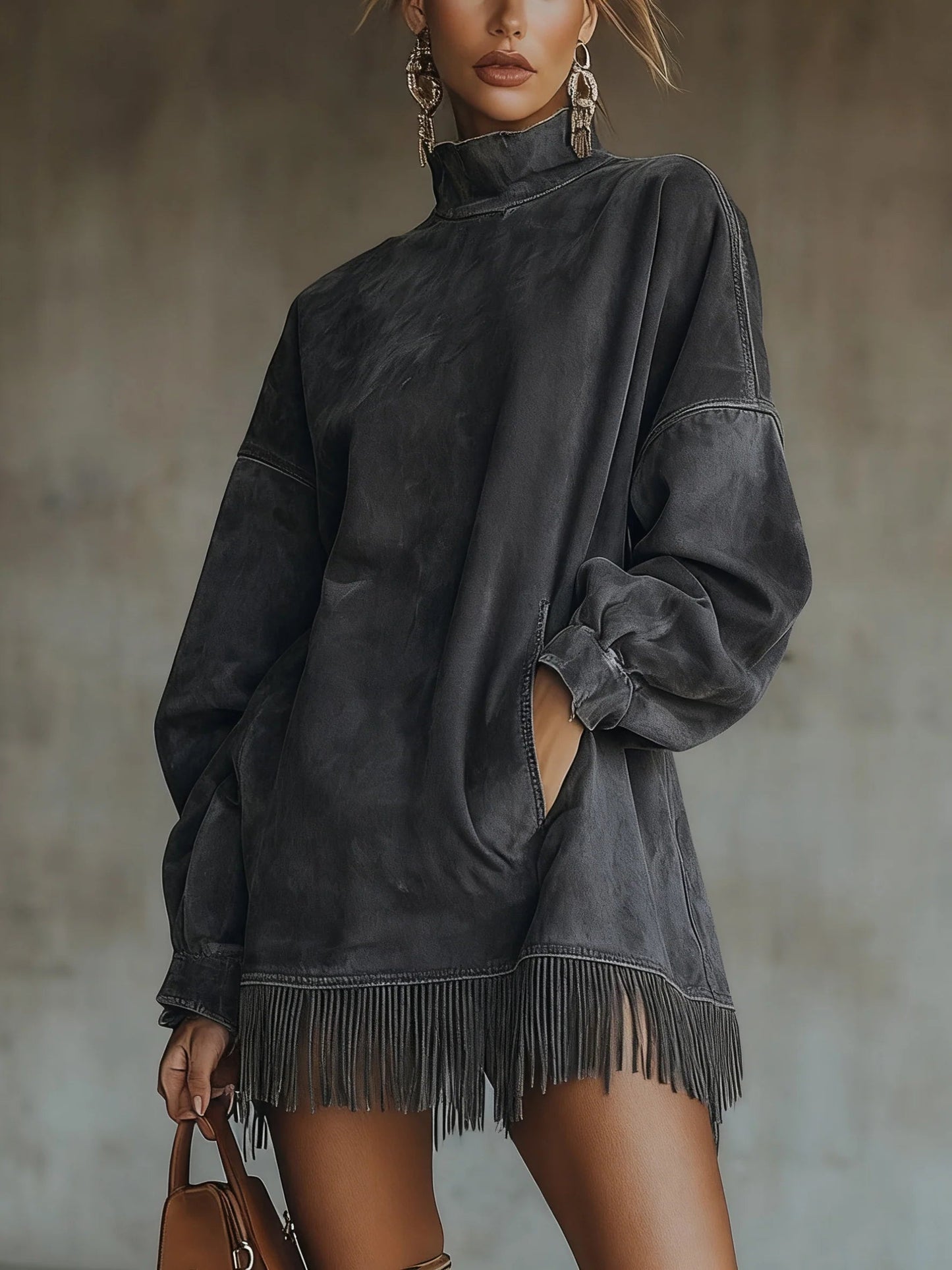 Ani | Vestido de ante con cuello alto y flecos