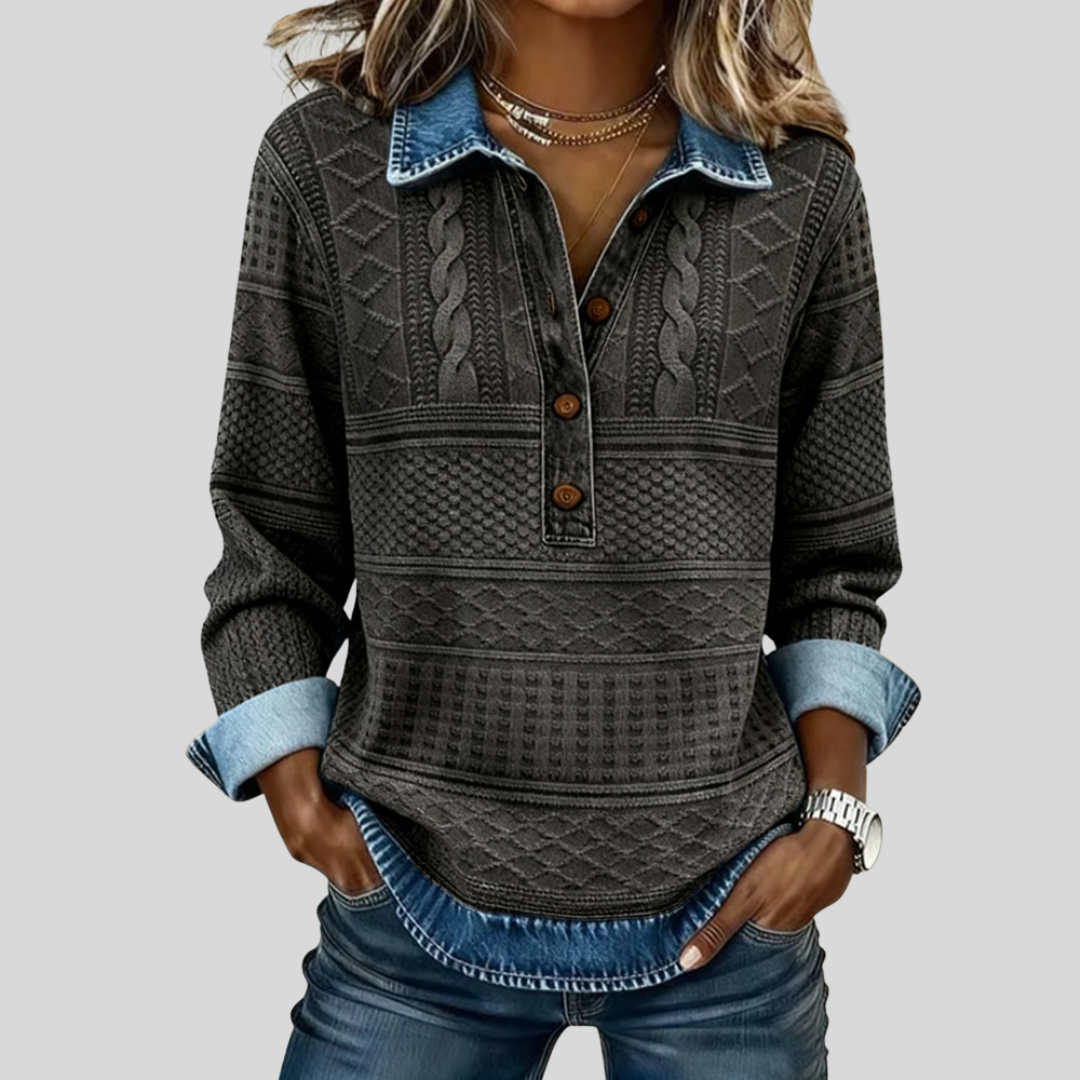 Sofia | Sudadera de punto trenzado con detalles en denim