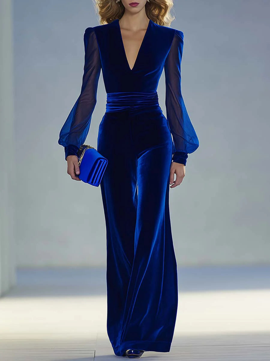 Sabrina™ - Mono largo de terciopelo real con escote en V y mangas largas de malla, elegante y retro