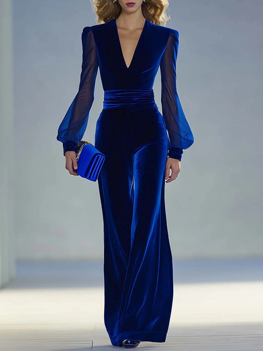Sabrina™ - Mono largo de terciopelo real con escote en V y mangas largas de malla, elegante y retro