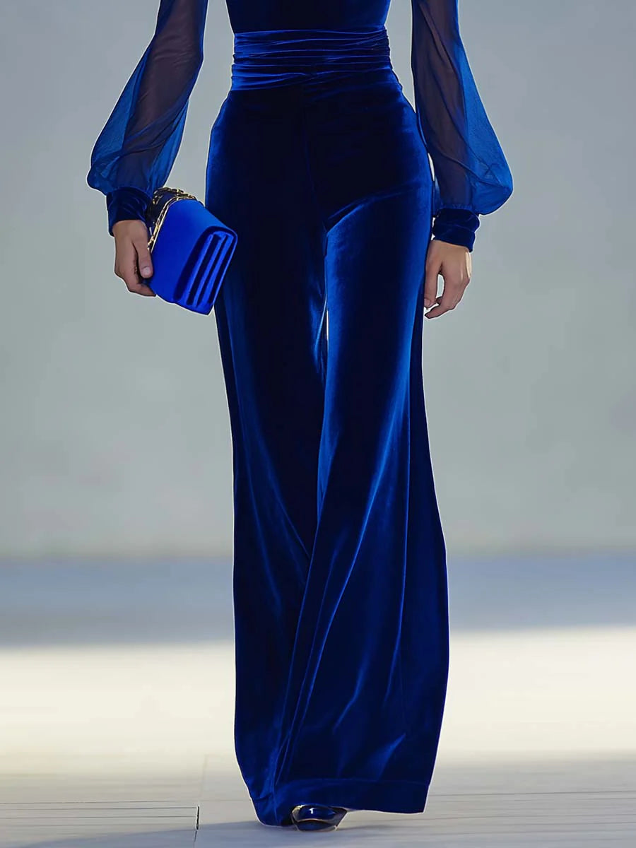 Sabrina™ - Mono largo de terciopelo real con escote en V y mangas largas de malla, elegante y retro