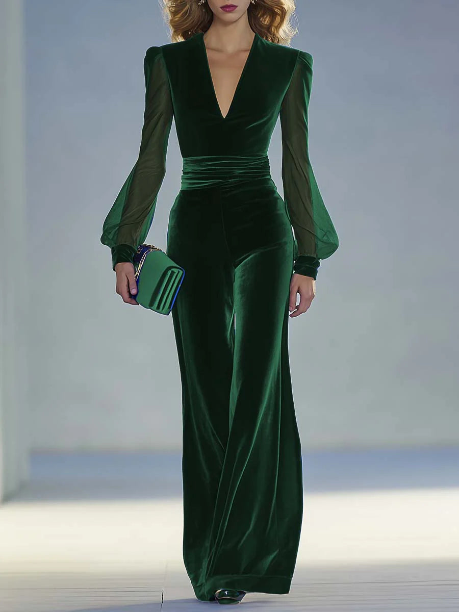 Sabrina™ - Mono largo de terciopelo real con escote en V y mangas largas de malla, elegante y retro
