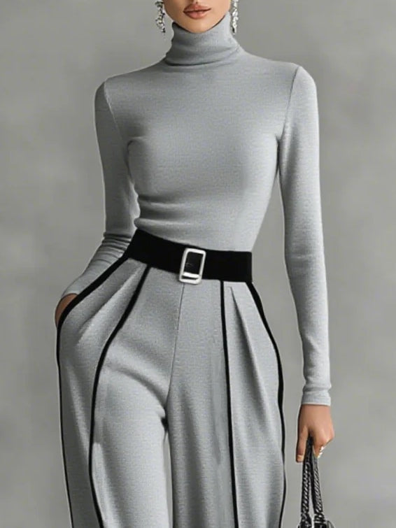Solana™ - Conjunto de tops de cuello alto con mangas largas y pantalones de pierna ancha con cinturón