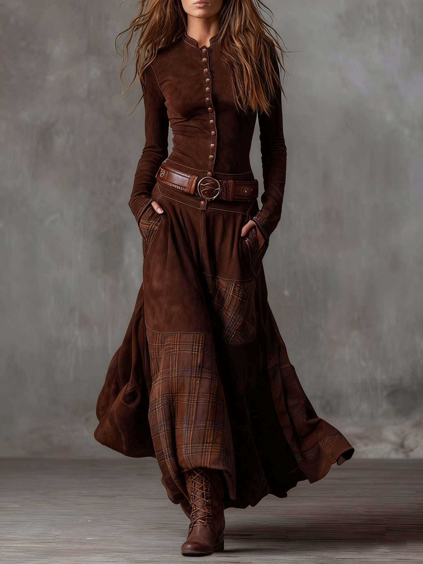 Azucena - Vestido maxi de ante con cinturón