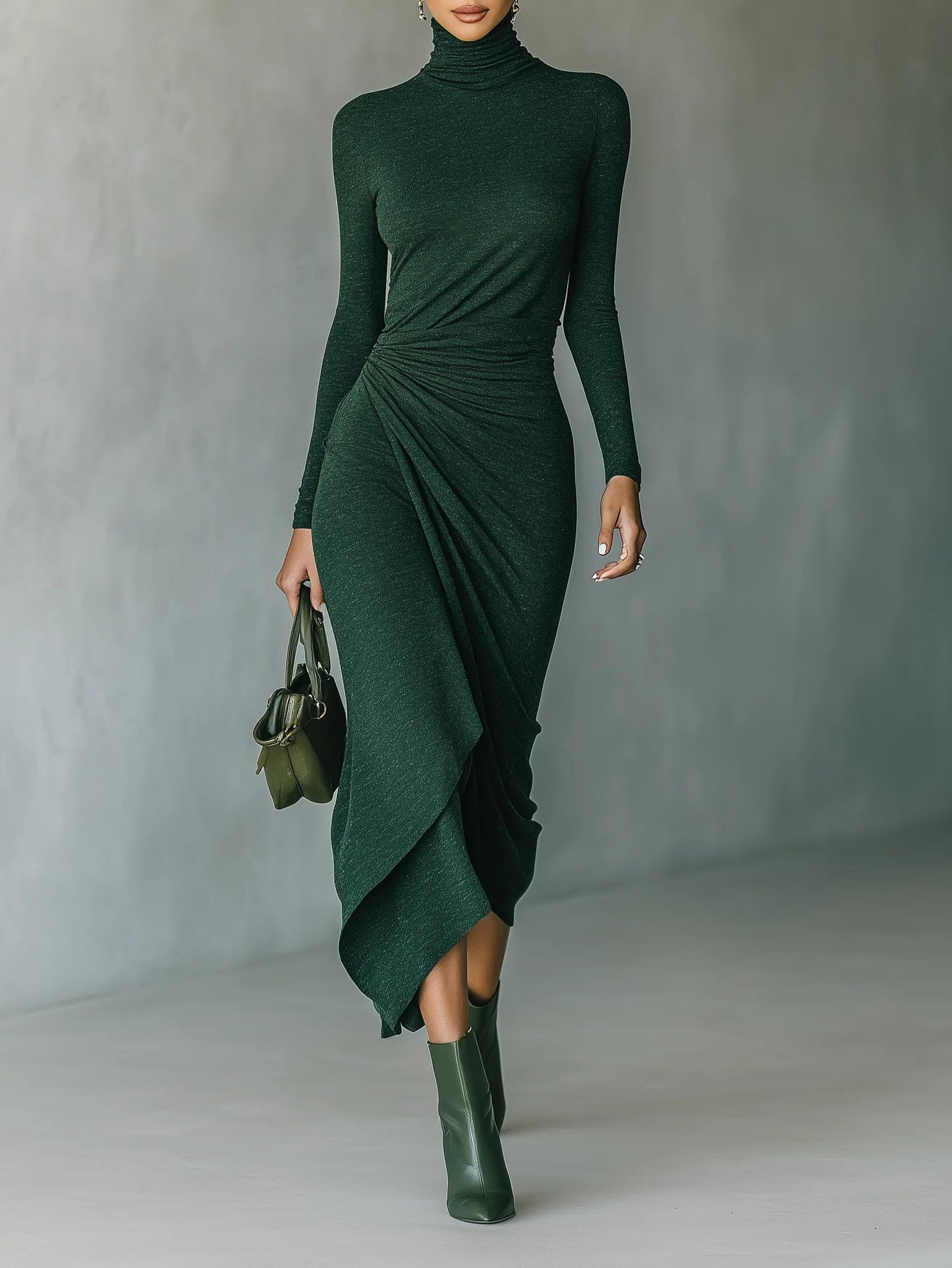 Gabriela | Vestido midi envolvente asimétrico con pliegues y cuello alto verde oscuro