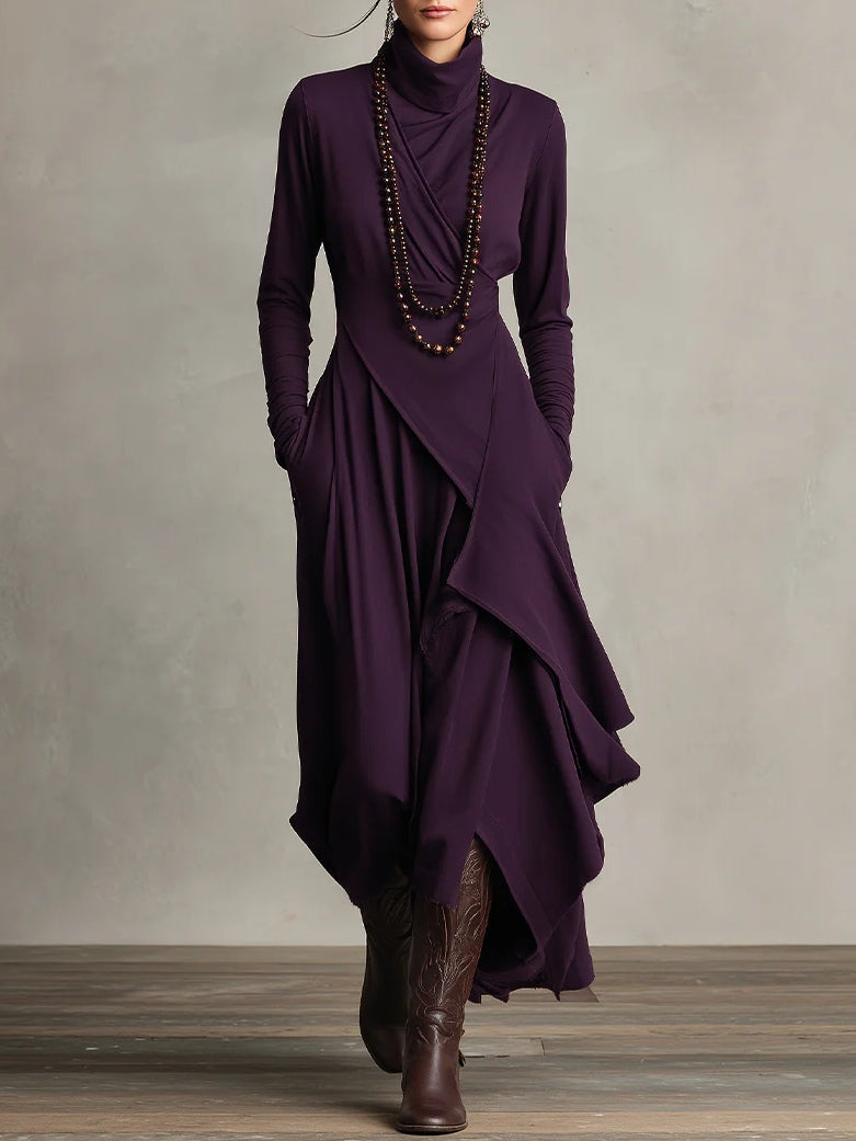 Ariadna | Vestido largo plisado asimétrico con cuello alto